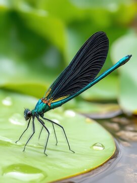 Beautiful ebony jewelwing damselfly resting on a green lily pad in macro