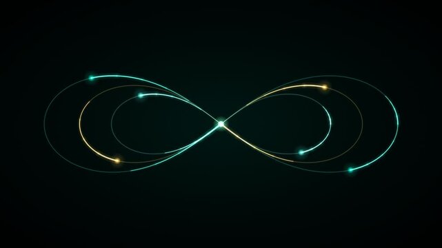 Abstract infinity symbol formed by glowing neon lines and dots in teal and gold on a dark background