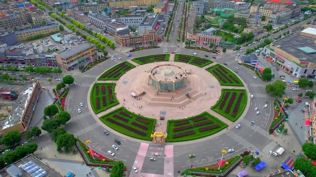 Aerial top‑down view of Tekes Bagua City, Xinjiang China, eight‑trigram city with no traffic lights, traditional I‑Ching urban planning