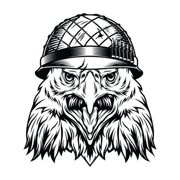 Vector illustration of an intense eagle head wearing a military combat helmet.