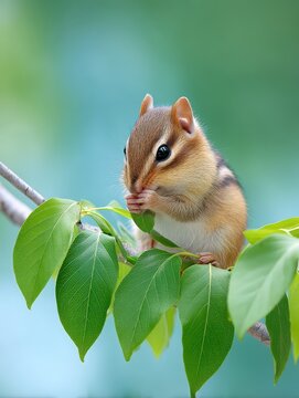 Cute chipmunk eating a green leaf on a tree branch