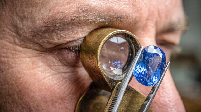 Jeweler examining a blue gemstone with a magnifier eyepiece close up