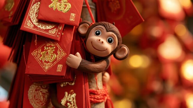 Whimsical monkey figurine peeking from a bundle of red envelopes with gold Chinese characters illuminated by warm festive lighting