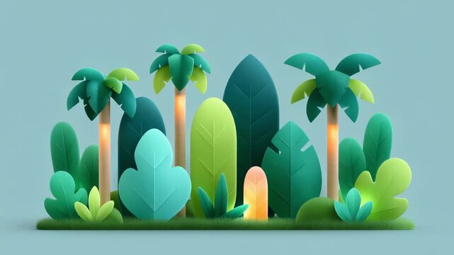 Lush tropical forest scene featuring stylized papercraft palm trees and vibrant green leaves swaying gently on a patch of grass, with warm lights glowing in a charming and playful animation