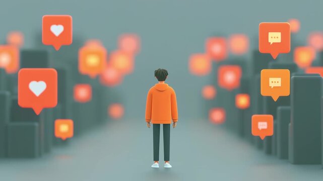 Young man in an orange hoodie is being trapped inside a metal cage, surrounded by floating social media like and comment notification icons, symbolizing the concept of internet addiction