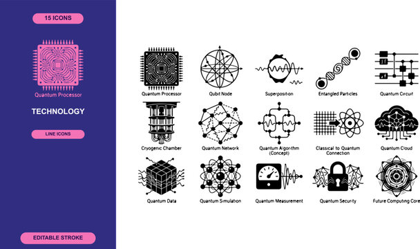 Quantum technology line icons vector graphic set featuring processors qubits superposition entanglement algorithms and advanced computing concepts