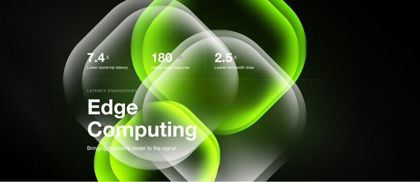 Abstract green shapes highlight data points. Text promotes edge computing, emphasizing latency reduction, faster response times, increased bandwidth. Modern design.