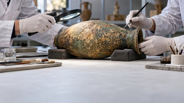 conservator restores a ceramic artifact in a museum workshop
