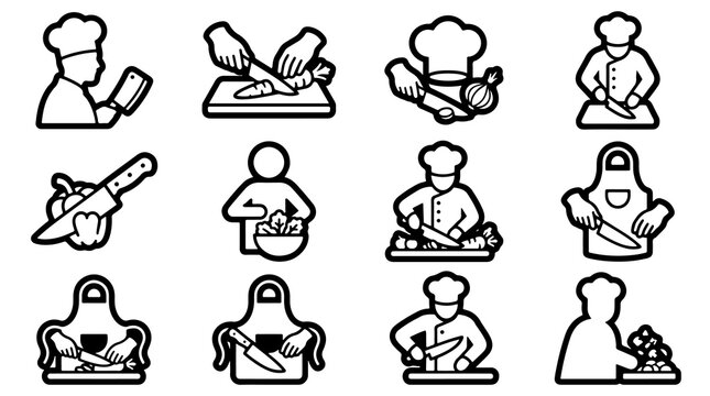 Professional chef line icons set, 12 culinary expert symbols, black outline cooking illustrations, restaurant kitchen staff and food preparation graphics