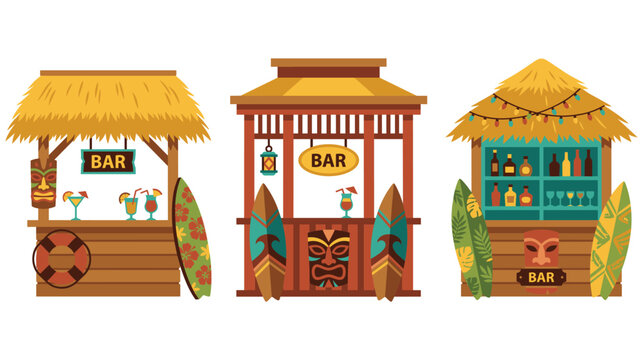 Tropical tiki bar huts set with bamboo roofs surfboards and cocktails.