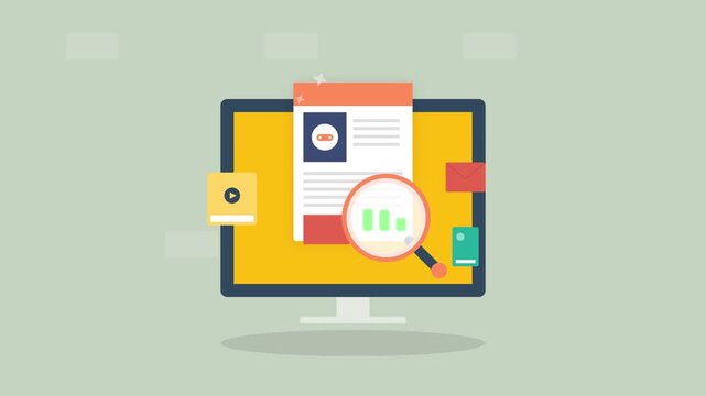 Animated flat design illustration of digital data analysis, search, and online information review