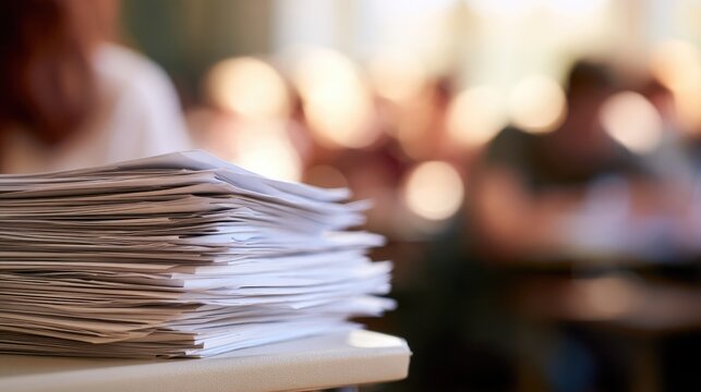 Stack of documents on a table, people blurred in the background