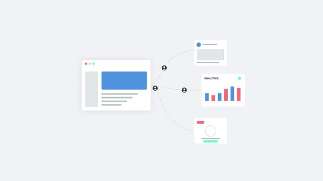 Digital marketing strategy showing content promotion from web pages to social media and analytics. Integrated online distribution for effective reach and performance insights
