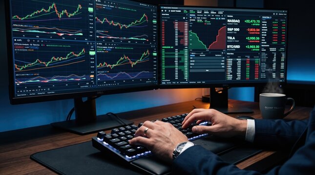 Trader analyzing cryptocurrency and stock market candlestick charts on dual monitors at night, highlighting financial trading, investment strategy, crypto currency analysis