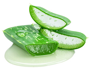 Naklejka premium Cut aloe plant dripping juice close-up isolated on transparent or white backgrounds