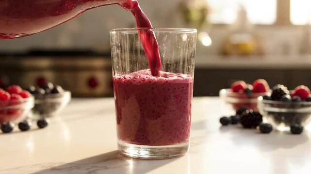 Thick berry smoothie pouring with jug to tall glass on white kitchen counter, purple drink filling the glass with fresh berries in bowls