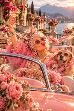 Glamorous senior woman in a pink vintage convertible celebrating with champagne and her dog by a scenic Italian lake at sunset.