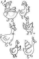 Cute Festive Geese Characters Set with Christmas Props - Line Art Vector Bundle isolated on transparent or white background, png © Helena 