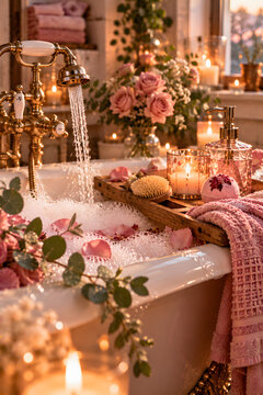 Luxurious romantic bubble bath filled with pink rose petals, burning candles, running brass faucet water, wooden tray with bath bomb and cosmetic bottle, cozy warm vintage bathroom setting.