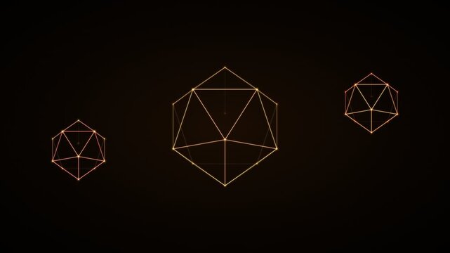Three frames of a video clip showing animated geometric wireframe shapes evolving and rotating against a dark background
