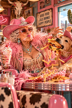 Extravagant senior cowgirl in a pink outfit reacting as her dog steals a giant burger in a retro American diner.