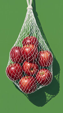 Fresh red apples in a white string mesh bag isolated on green background. Zero waste, eco-friendly grocery shopping concept.