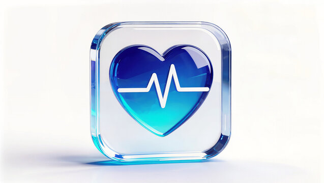 Glossy blue glass heart with white pulse line inside clear square tile, 3d render on white background with soft reflection, conceptual digital healthcare and heart rate monitoring app concept