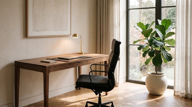 Minimalist home office interior featuring a wooden desk, black leather task chair, small brass table lamp, closed laptop, notebook, and a large fiddle leaf fig plant by a window