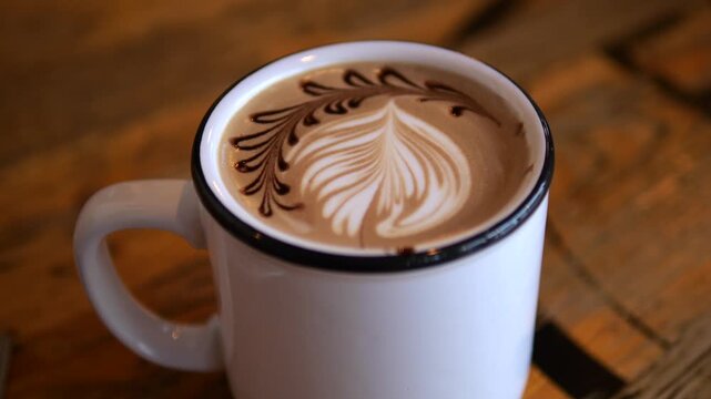 Latte art rests atop cappuccino in white ceramic cup, with feathered milk foam and cocoa pattern. Espresso drink sits on rustic wooden table, offering warm cafe moment, topped with cocoa and leaf