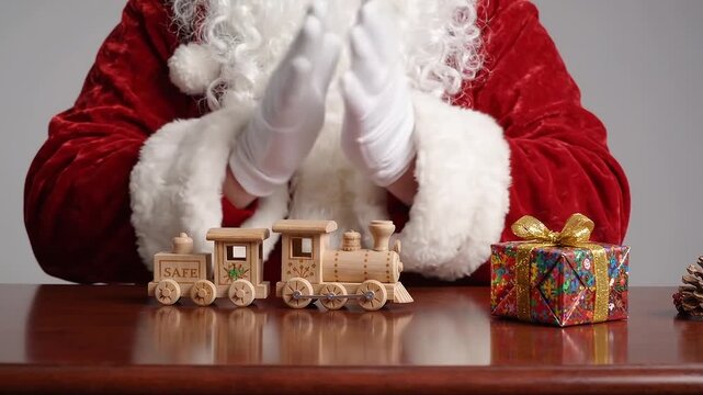 Santa Claus gestures with white gloved hands behind wooden toy train and colorful wrapped gift on polished table during Christmas holiday studio scene