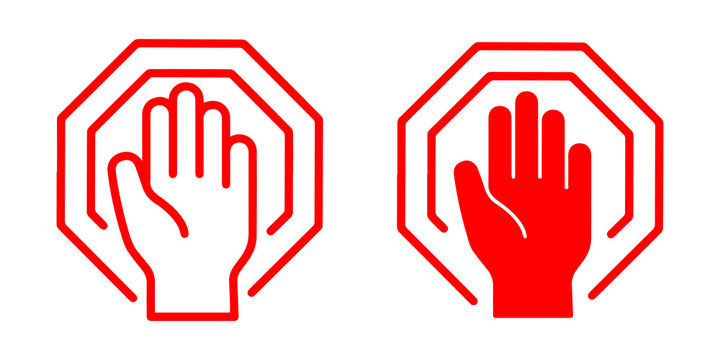 two graphic representations of a red stop hand sign, one outline and one filled, symbolizing caution and prohibition