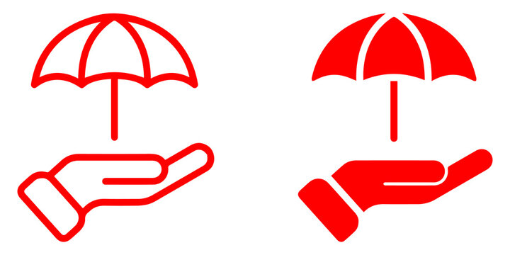 symbolic representation of hand holding an umbrella for protection and care, two icons signifying safety, security, and assistance