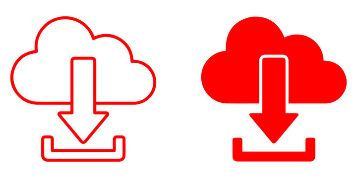 red cloud download icon illustration with outline and filled style, concept for data storage and transfer, online service, digital technology