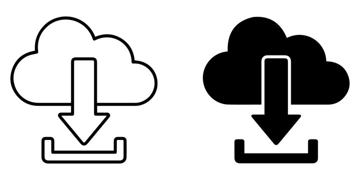 download icon with cloud and arrow, black and white, outline and solid vector