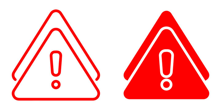 Warning alert triangle icon set with exclamation mark outline and solid red symbols for error notification and safety message PNG