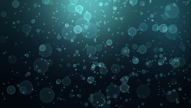 Dark teal bokeh glitter particles background with floating glowing circles and soft atmospheric light dots