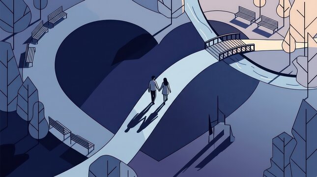 Isometric park illustration with couple walking on heart shaped path