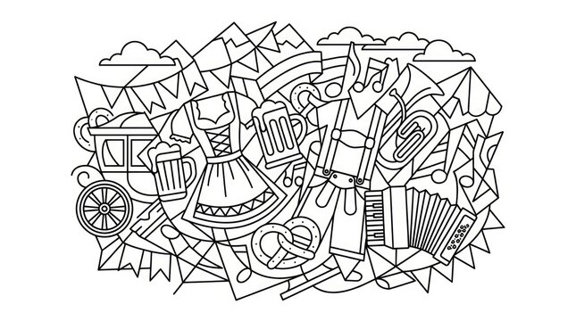 Traditional bavarian festival elements doodle line art illustration