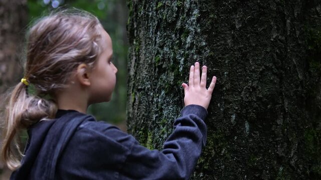 Young girl reaches to feel moss covered tree trunk in woodland, appearing curious and calm. Child studies bark and moss by touch, building awareness of forest ecology through nature education.