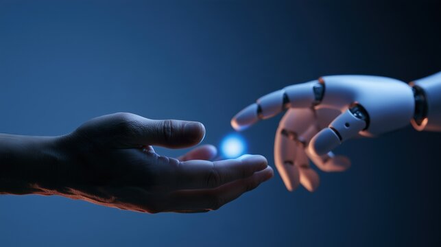 Conceptual banner photograph of a human hand and a white robotic hand holding a small glowing blue sphere together, placed at the bottom center of the frame