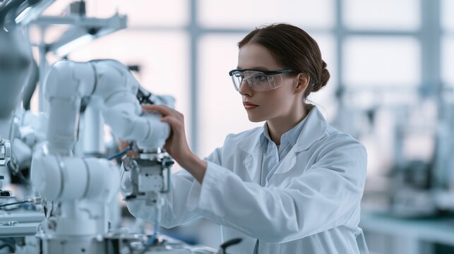 A female engineer in a clean white lab coat and safety glasses working side by side with a white collaborative robot arm on a modern assembly line, she gently guides the robot arm with her hand