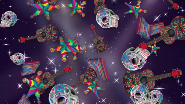 Mexican Sugar Skulls and Guitars Falling on Purple Sparkling Background