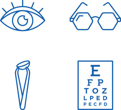 Minimalist blue optometry icon set, 4 ophthalmology line vector elements, professional eye care symbols for vision health and medical clinics