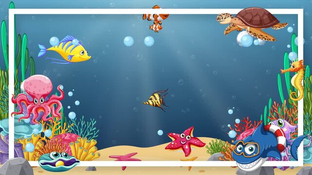 Cartoon Underwater Ocean Frame Animation with Swimming Sea Animals and Bubbles