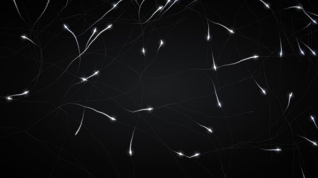 Abstract microscopic view of sperm cells swimming in a dark fluid with glowing trails, representing conception and life