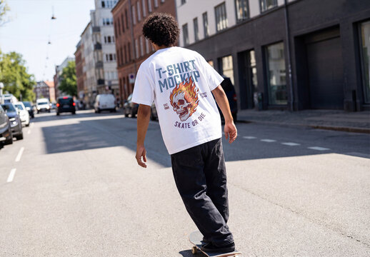 Skateboarder in Street Wearing Oversized T-Shirt Mockup