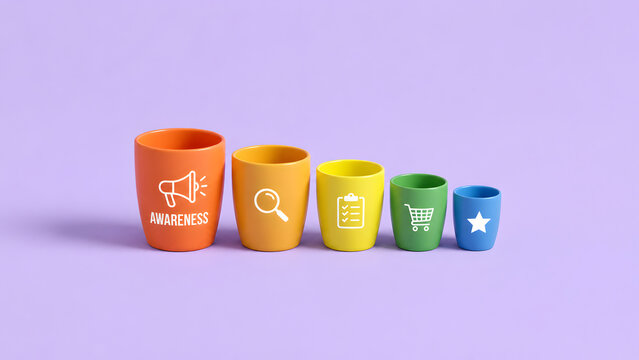 Colorful sequence of decreasing conceptual cups featuring marketing icons outlining the customer journey stages from brand awareness to final loyalty