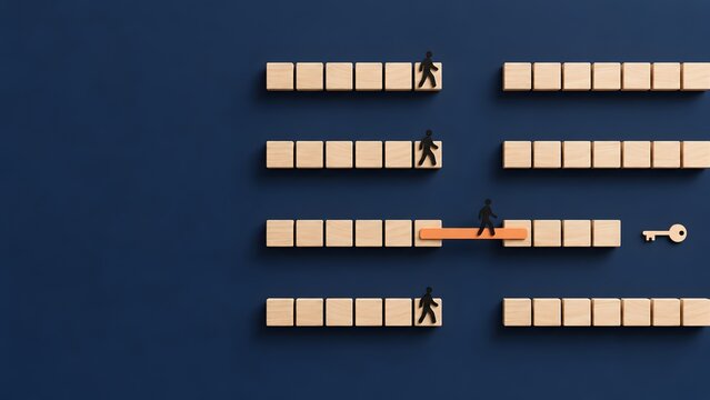 3D conceptual scene of a figure using an orange bridge to cross a gap in wooden blocks towards a key emphasizing problem solving and strategic success