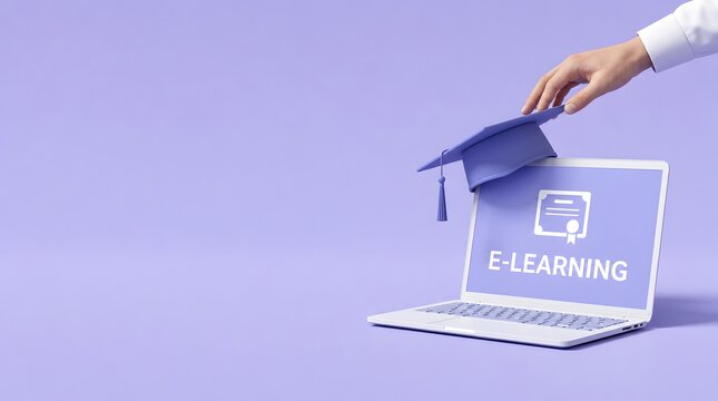 Hand placing a graduation cap on a laptop displaying an e-learning certificate conceptualizing online education and digital academic achievement