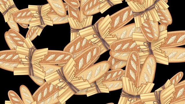 Falling French Baguette Bread Animation on Black Background